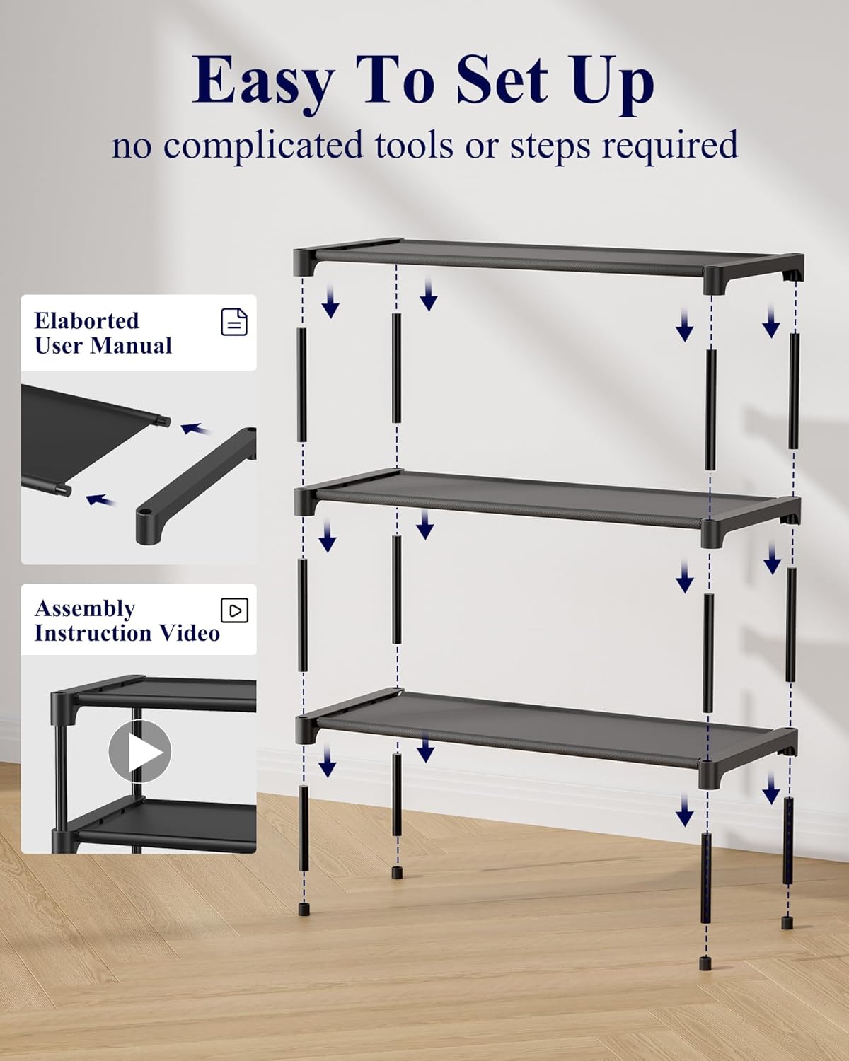 Kitsure Shoe Rack | Non-Woven 3-Tier Shoe Organizer for Closet & Entryway - 27.5" Wide, Black