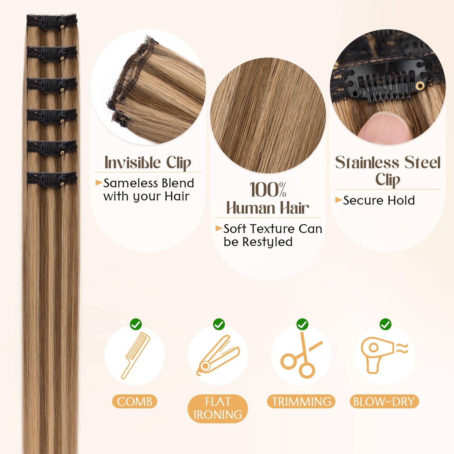 S-noilite 6Pcs Clip in Human Hair Extensions,Remy Single Short Clip in Hair Extensions 6Pcs 6clips Straight Medium Brown/Dark Blonde Seamless Hairpieces for Women 10Inch 31g
