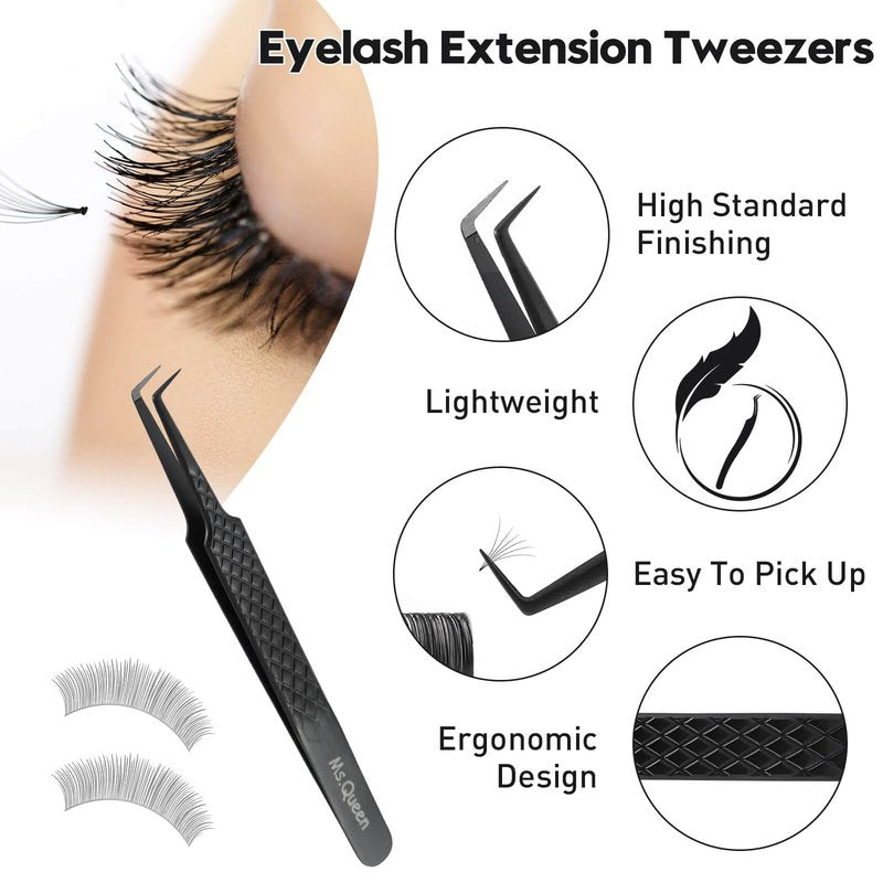 Ms.Queen Lash Tweezers for Eyelash Extensions, Diamond Grip 90 Degree Fiber Tip Volume Lash Extension Tweezers,Black