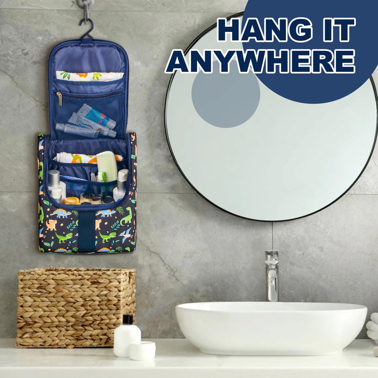 Remobia Hicol Cute Cartoon Hanging Kids Toiletry Bag Children Travel Cosmetic Makeup Organizer Wash Bag Shower bag Over Night Bag Camping Shaving Kit Bag for Boys & Girls (Dinosaurs)