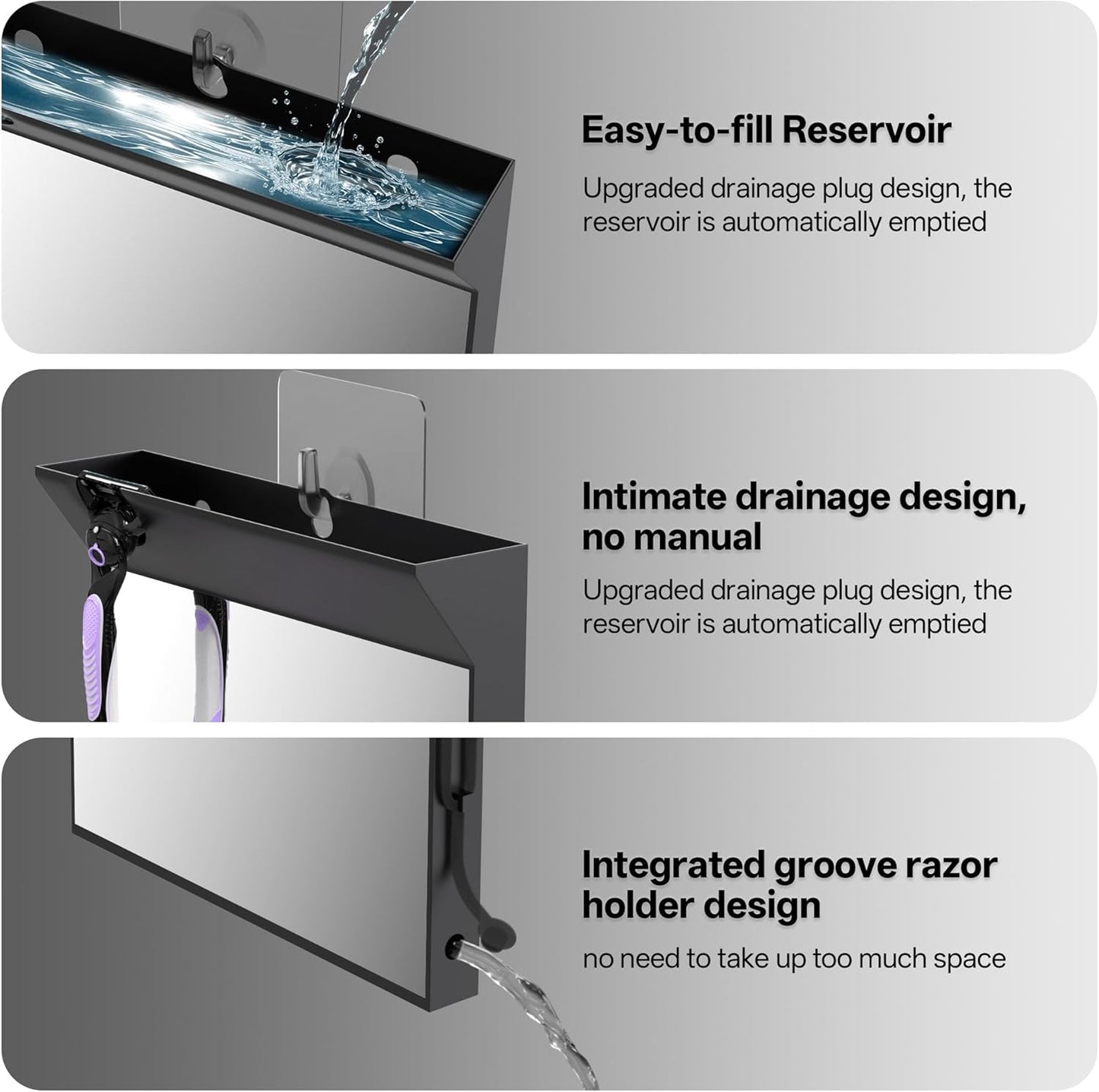 Anti-Fog Shower Mirror - Large Black Bathroom Mirror with Hot Water Defogging | Perfect for Shaving & Makeup