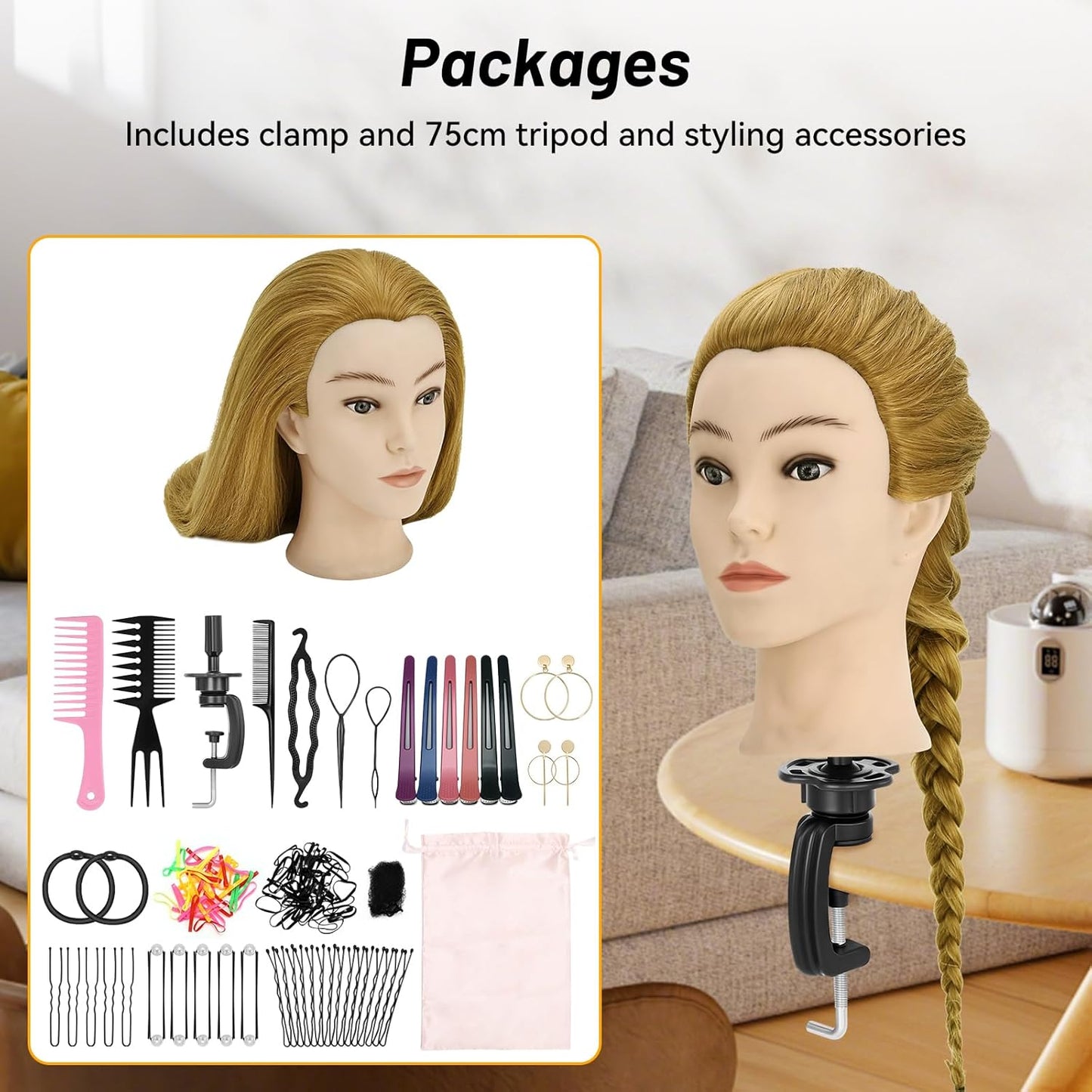 Realistic 24-Inch Female Mannequin Head - 90% Human Hair for Hairdresser Training | Includes Clamp Holder & Tools