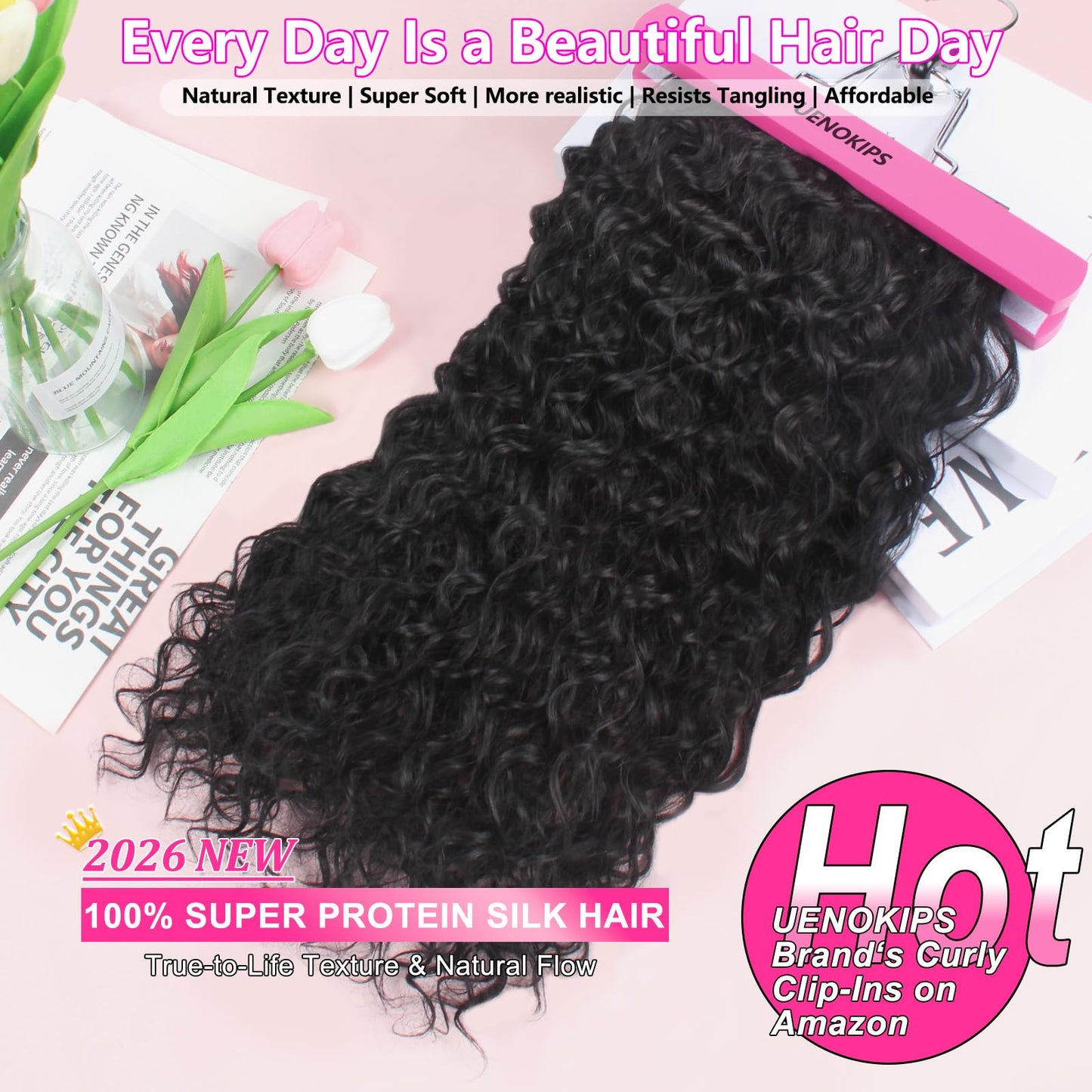 Curly Clip In Hair Extensions 6 Pcs 18 Clips Water Wave Clip Ins 100％ Pure Protein Silk Fiber Real Hair Feeling Full Head Double Lace Weft Soft Natural Hair Extensions for Women