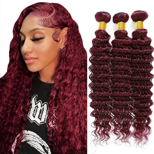 #99J Wine Red Human Hair Bundles Deep Wave Bundles 32 32 32 Inch Burgundy Unprocessed Brazilian Virgin Hair 3 Bundle 50 Gram Per Bundle Deals Quick Weave Hair Extensions