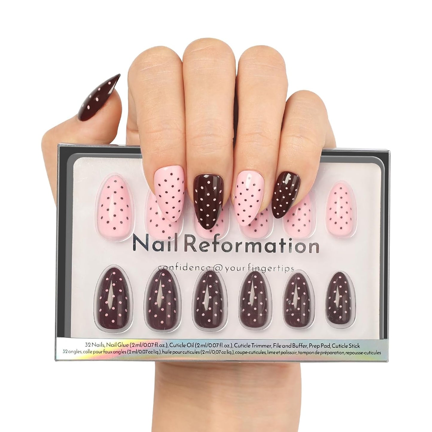 Press On Nails - Black Glitter French Tip Almond Shape | Reusable Glossy Finish in 16 Sizes - 32 Nail Kit for Women