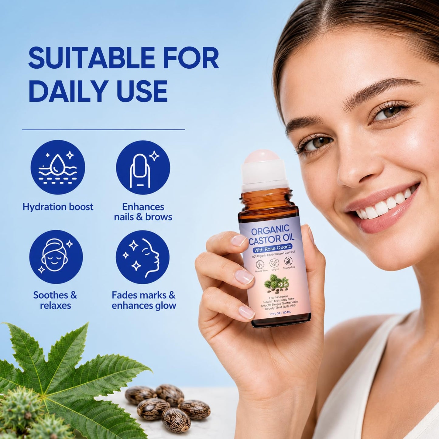 PlocoXe Castor Oil Rose Quartz Roller Ball, 100% Cold Pressed Hexane Free Organic Castor Oil Roll On for Face, Skin, Eyebrows & Eyelashes, Moisturizing Beauty Oil, 1.7 Fl Oz (50mL)
