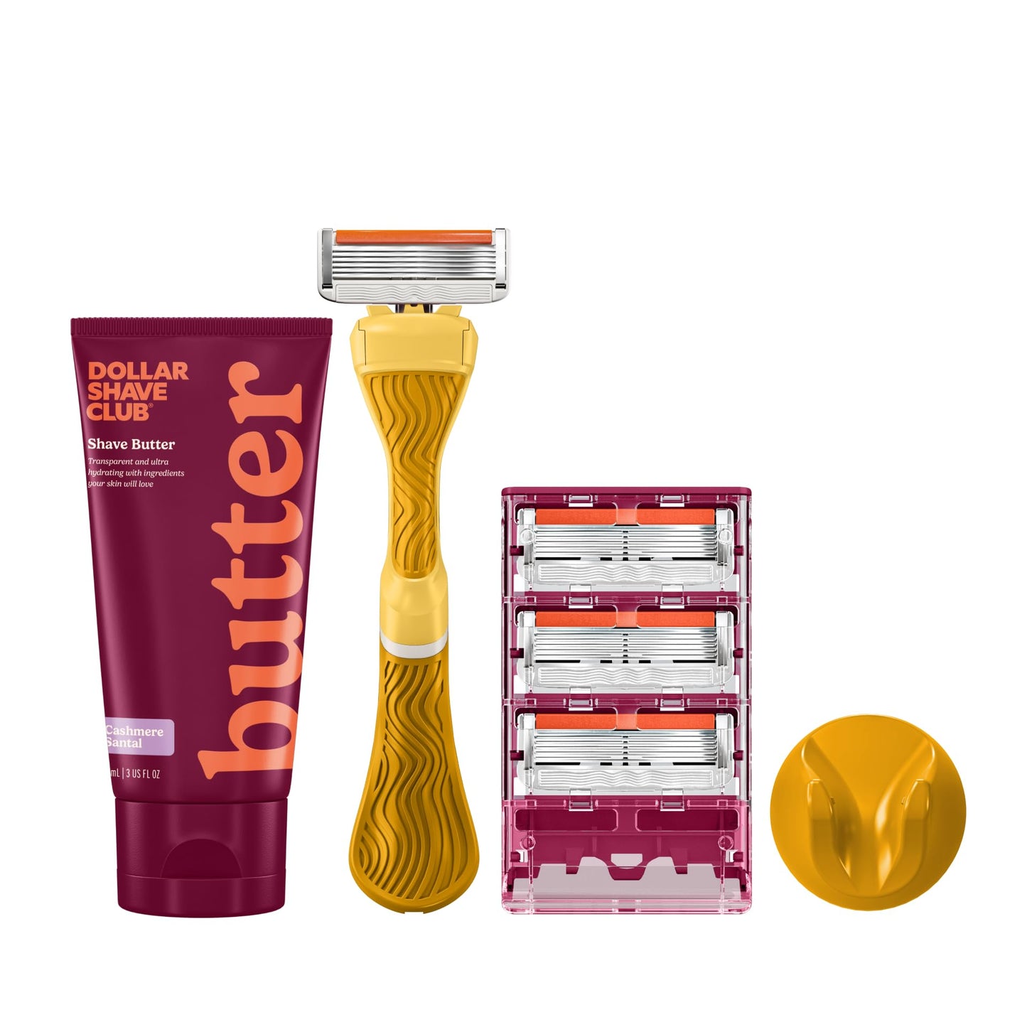 Dollar Shave Club For Women | 1 Yellow Wavy Grip Handle, 4 Razor Refills, 1 Cashmere Santal Shave Butter (3 oz), 1 Shower Hanger | Razors for Women, Womens Razors