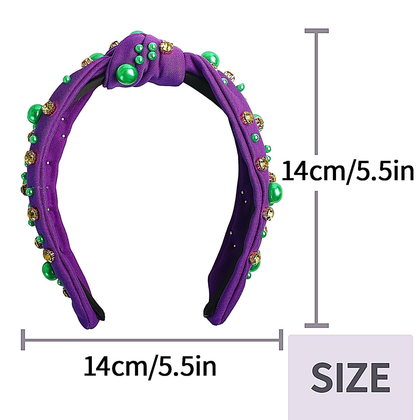 XIELIME Mardi Gras Headband for Women, Purple Green Gold Pearl Rhinestone Jeweled Knotted Cloth Hairband Carnival Wide Knot Head Band Mardi Gras Outfit for Women's Hair Accessories