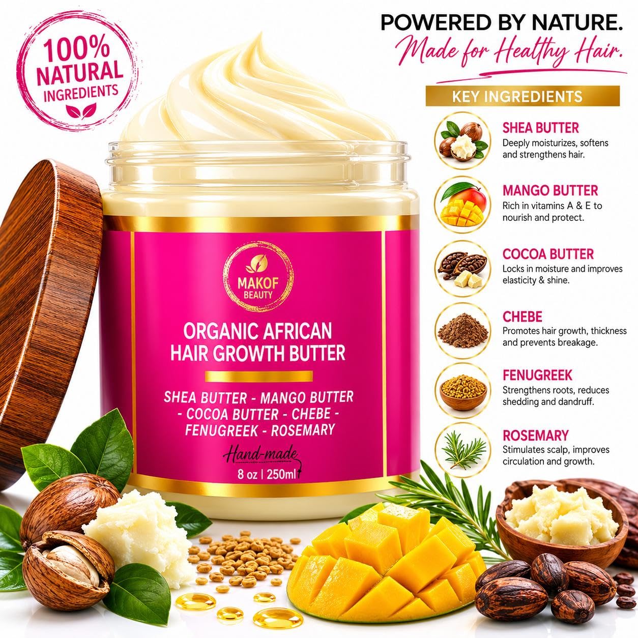 Chebe Hair Growth and Thickening Butter - Ayurvedic Deep Conditioner with Shea, Cocoa, Mango Butter, Fenugreek, and Rosemary for All Hair Types, 8 oz