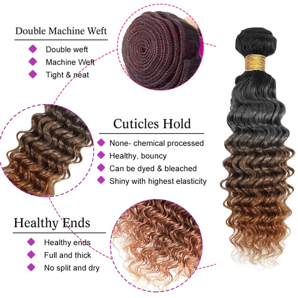 1B430 Deep Wave Bundles Human Hair Chocolate Brown Bundles Human Hair 8A Brazilian Virgin Remy Hair 3 Bundles 28 30 32 Inch 4/30 Bundles Dark Brown Loose Wave Bundles No Tangle Hair Extensions