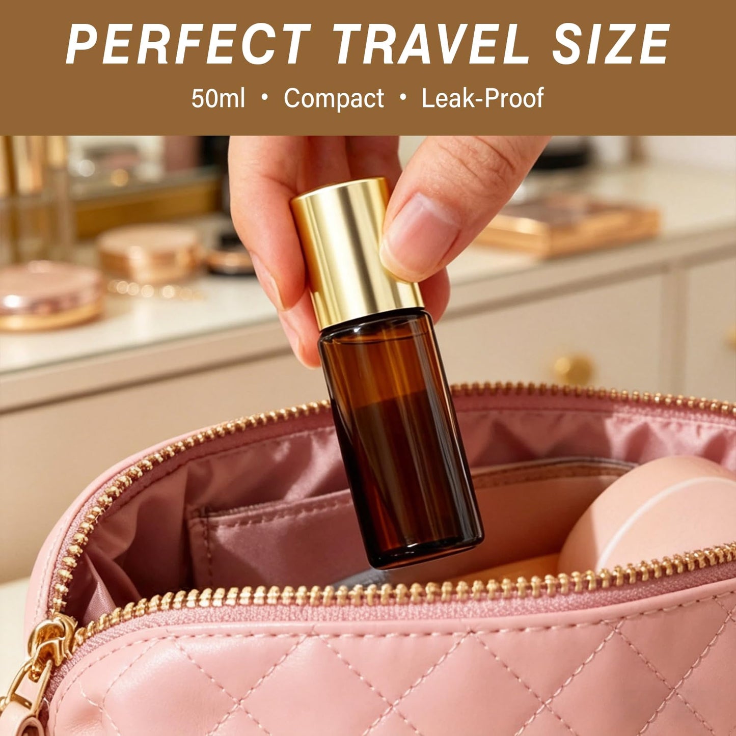 SilkGleam 5 Pack Amber Glass Essential Oil Roller Bottles, 50ml Rose Quartz Roll On Bottles with Natural Crystal Roller Balls, Leak-Proof Refillable Perfume Containers with Gold Caps for DIY & Travel
