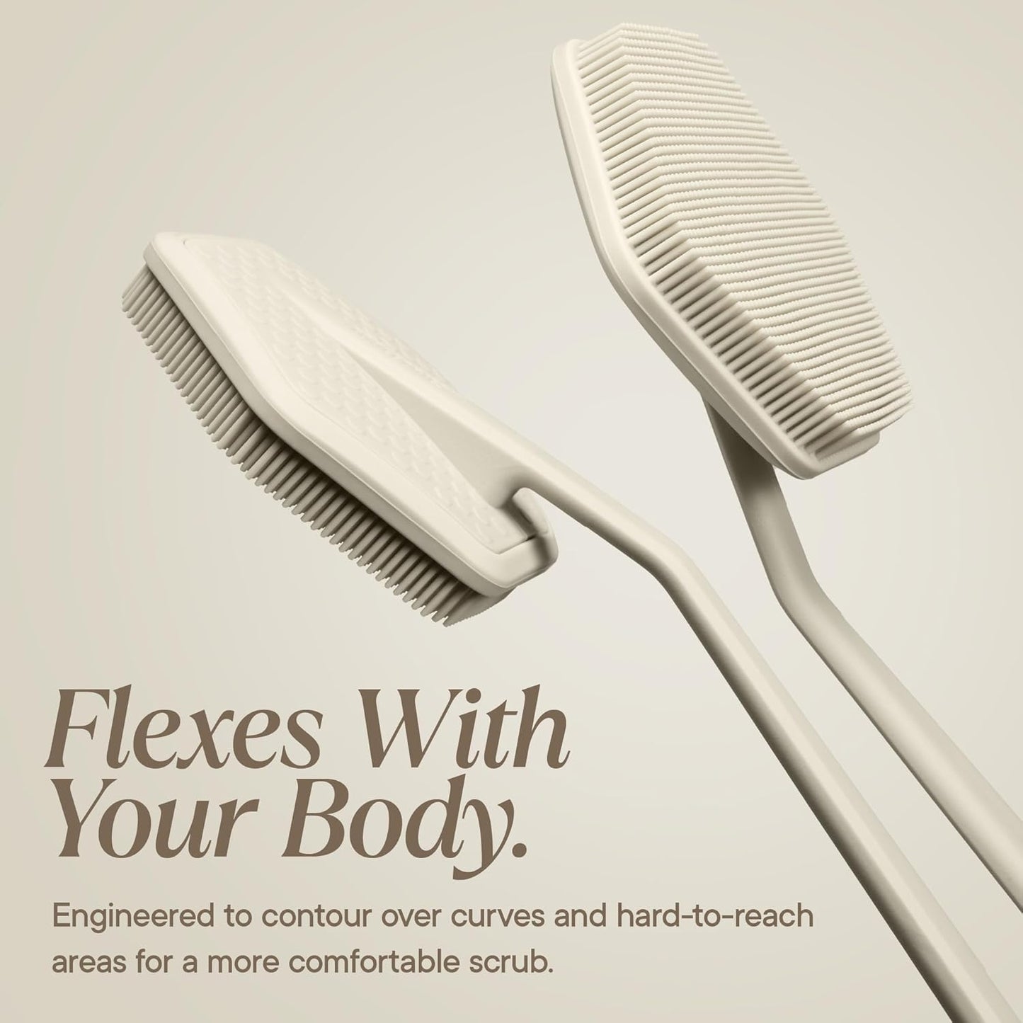 Silicone Back Scrubber for Shower | Exfoliating Body Brush with Long Ergonomic Handle & Non-Slip Grip - Sand Color