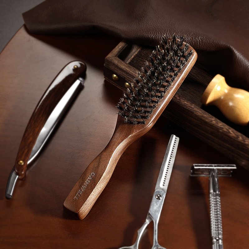 GAINWELL Mens Wild Boar Bristle Hair Brush for Men, Slick Back Hair Brush with Stiff Bristles for Thick Hair, Beard Brush Natural Black Walnut Wooden Handle Hairbrush