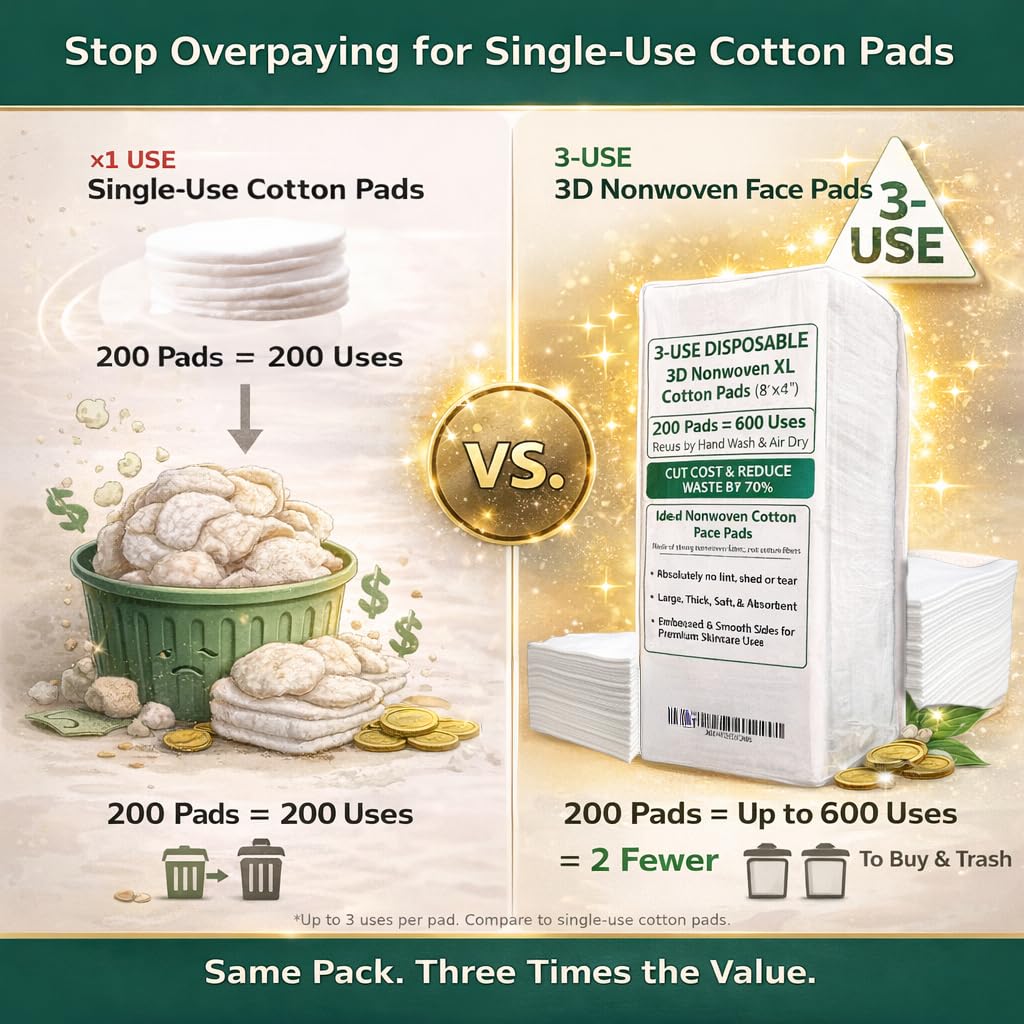 3-Use Disposable Nonwoven Cotton Face Pads (2XL 8"x4") 200 Cts (600 Uses), Cut Cost & Disposal Waste by 70%, Ultra Thick Soft & Durable, No Lint & Tearing Even Stretched, Ideal for Makeup Removal