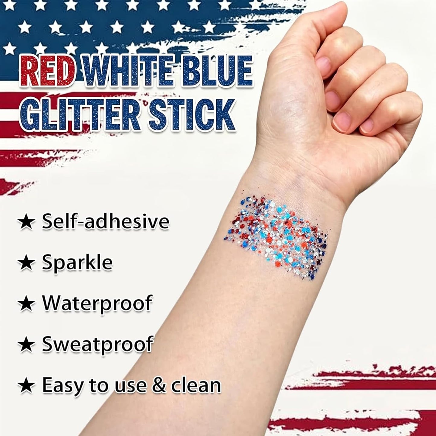 4th of July Glitter Stick, Red White & Blue Glitter Stick for Hair&Face, Waterproof & Easy Clean, Patriotic Independence Day 250th Anniversary Fourth of July Outfits Accessories for Women & Kids