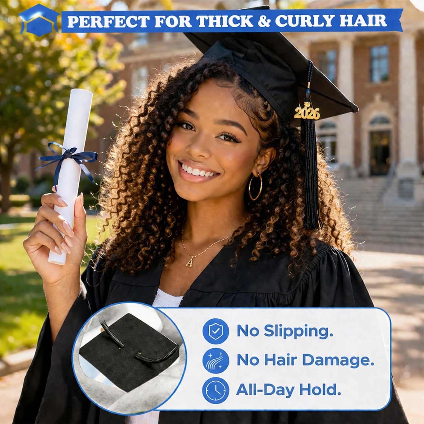 Graduation Cap Headband Insert - 2PC Anti-Fall Curly Hair Accessory | Secure Non-Slip Fit for Graduates