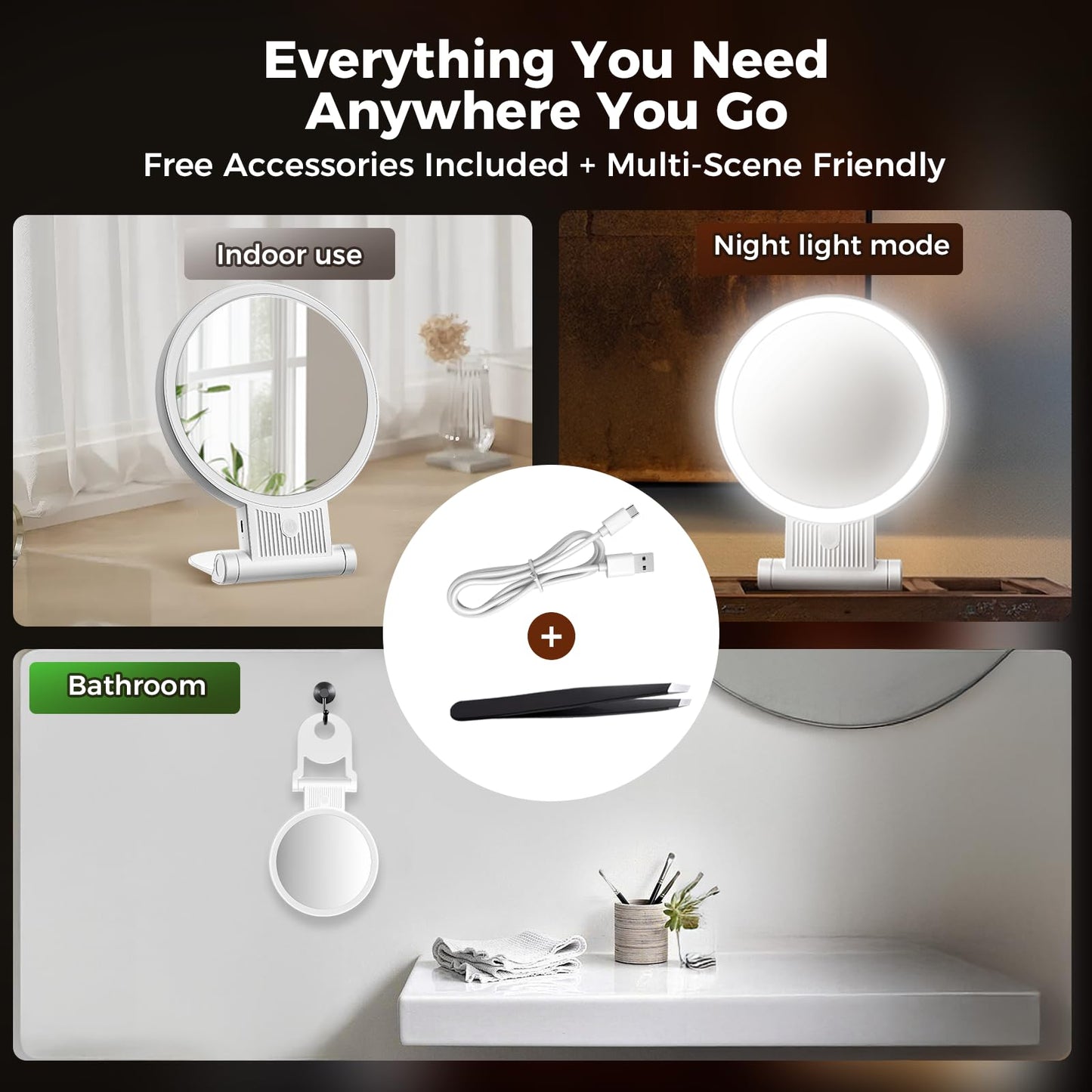 tubbede 1X/30X Lighted Makeup Mirror with Magnification, Double-Sided Switch, 3-Color Lights, 2000mAh Rechargeable, Adjustable Brightness for Vanity Table or Bathroom (White)