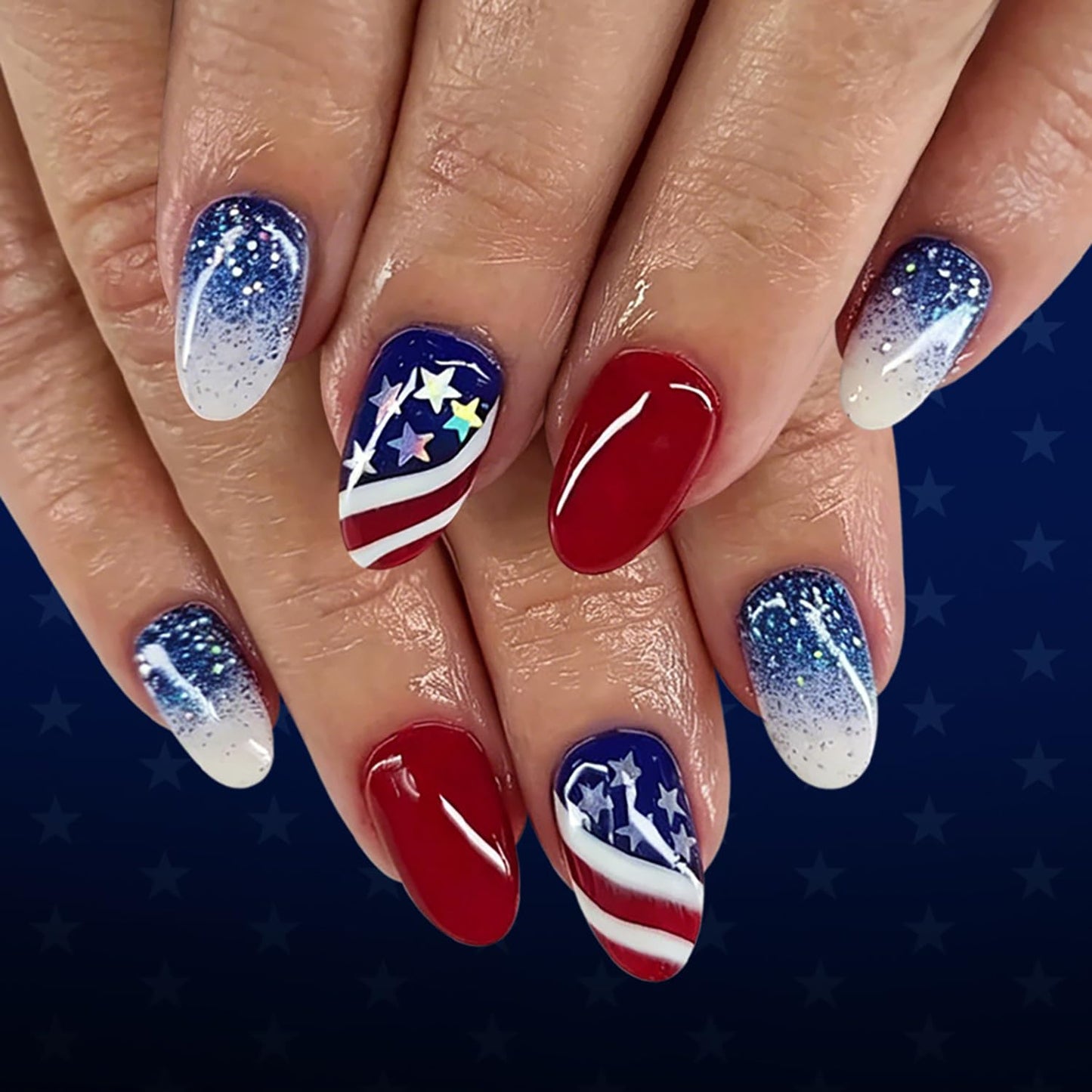 24Pcs 4th of July Press-On Nails - Medium Square Red, Blue & White Glitter Designs | Reusable Patriotic Acrylic Nails for Women