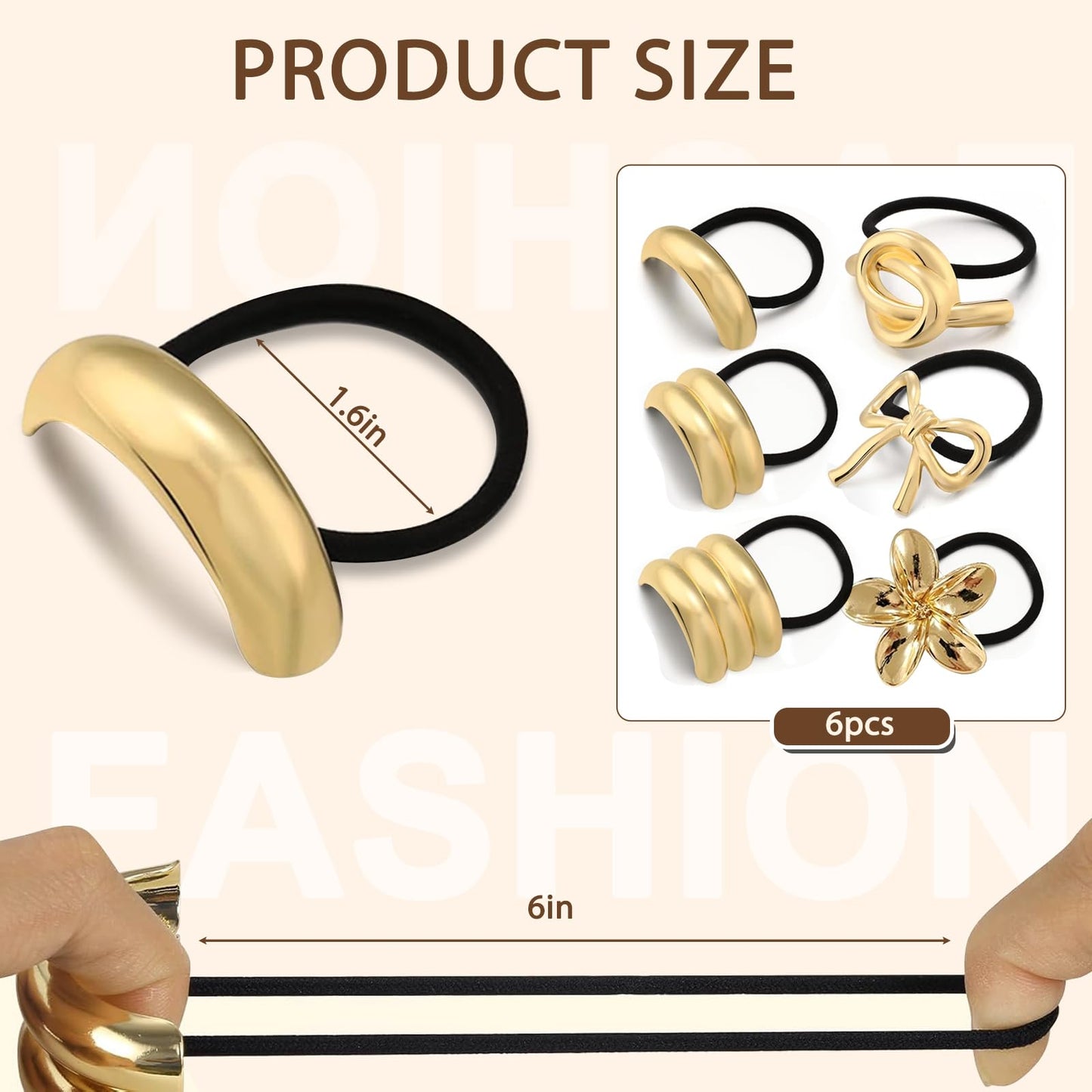 6Pcs Gold Hair Ties,Metal Hair Ties for Thick Hair,Damage Ponytail Holders,6 Styles Hair Accessories for Women