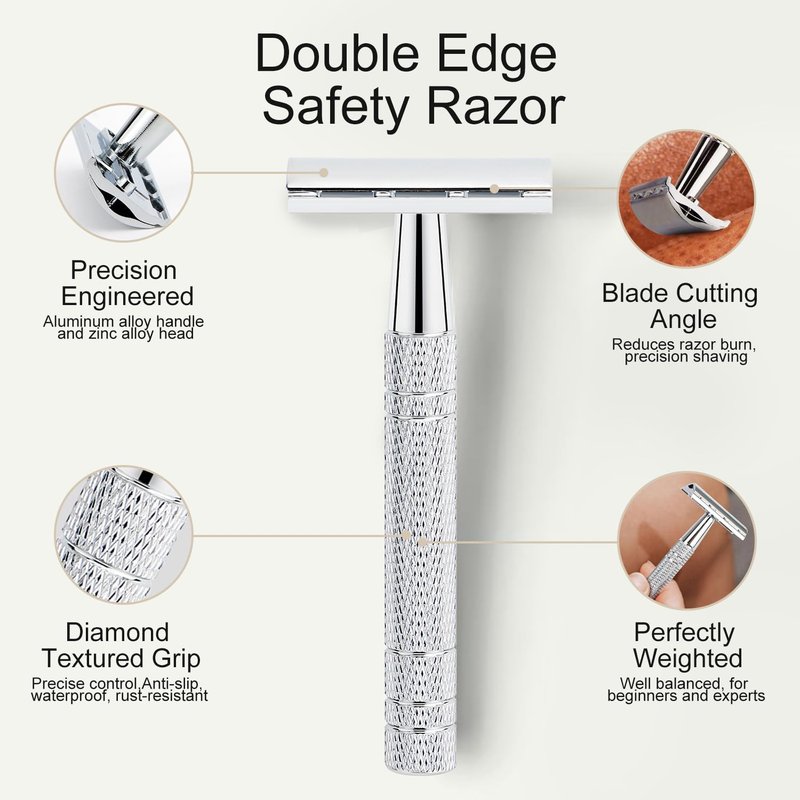 Shiny Silver Double Edge Safety Razor, Single Blade Razors for Men and Women, with 10 Stainless Steel Safety Razor Blades, Smooth Close Shaving, Plastic Free