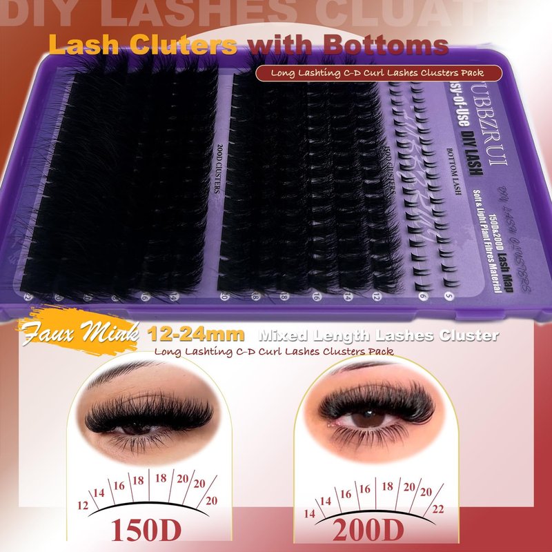 FUBBZRUI Lash Clusters with Bottoms Wispy Dramatic Individual Lashes D Curl 12-22mm Long Thick Mega Volume Eyelash Clsuters 150D+ 200D DIY Lash Extension