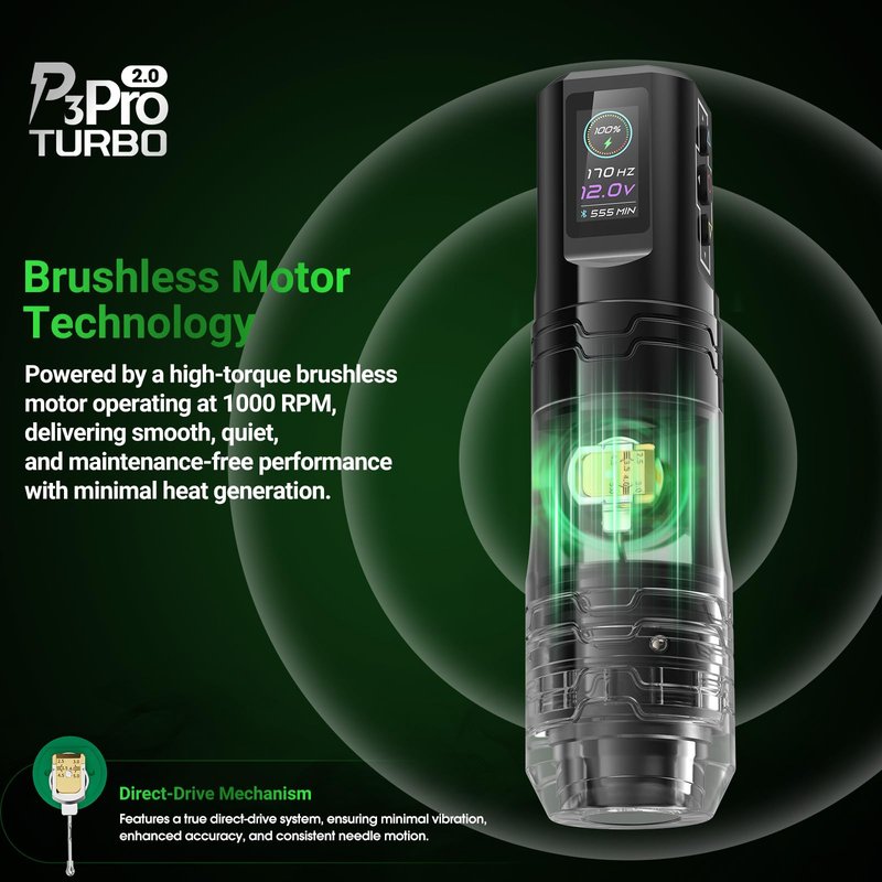 EZ P3 Pro Turbo Tattoo Gun - 6 Strokes 2.5-5.0mm Direct Drive Tattoo Machine with Brushless Motor, Dual OLED Digital Display 1600mAh Battery Power Rotary Tattoo Pen
