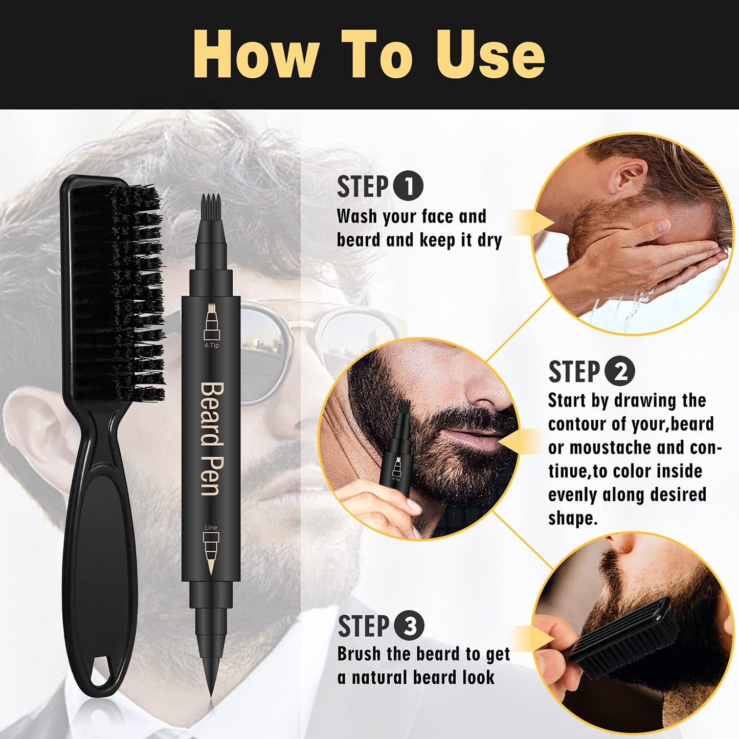 Beard Pencil Filler Kit - 4 Tip Pen and Brush for Men, Facial Hair Enhancer and Mustache Shaper (2 Black Pens)