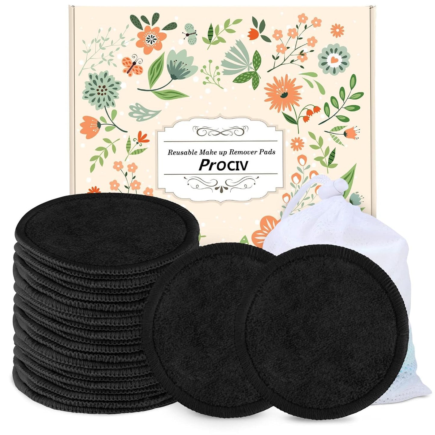 Reusable Makeup Remover Pads - 25 Pack Washable Organic Cotton Rounds for All Skin Types | Eco-Friendly Black Travel Set