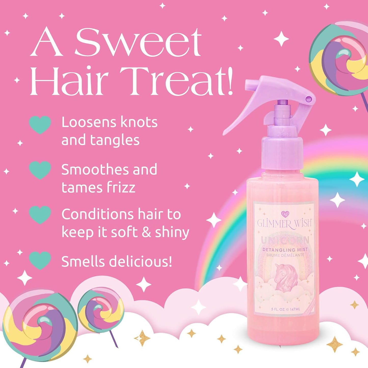 Unicorn Hair Detangler Spray - Tangle-Free Leave-In Conditioner for Kids & Women, 5 fl oz | Moisturizing Mist