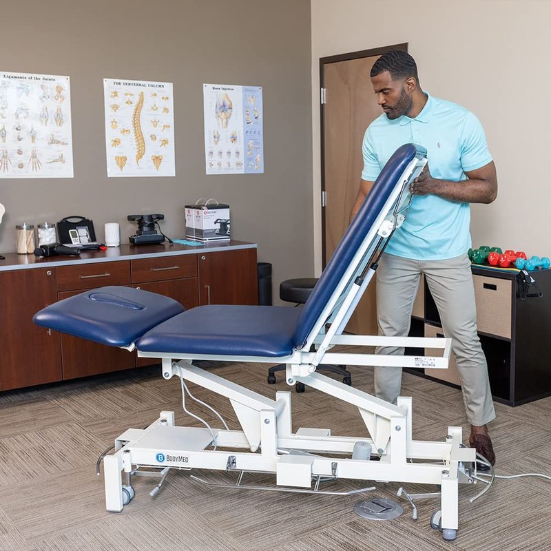 BodyMed 3 Section Hi-Lo Treatment Table, Blue, 77 in. x 27 in. x 18–36 in. – Durable, Adjustable Physical Therapy Table – ADA Compliant – Bar Activated Elevation – Foam Padding & Vinyl Upholstery