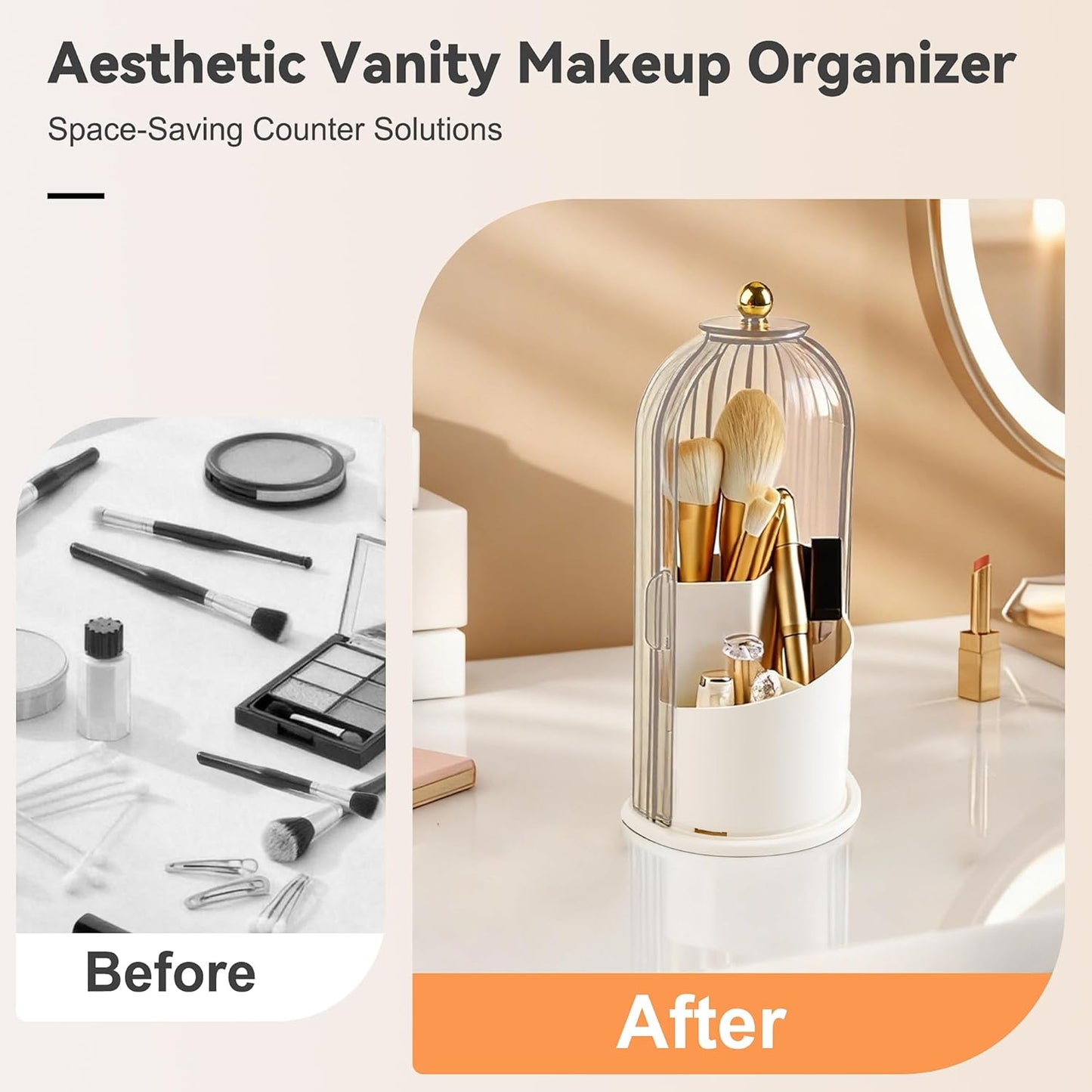 360° Rotating Makeup Brush Holder - Waterproof Three-Compartment Organizer | Dustproof Vanity Storage (Transparent)
