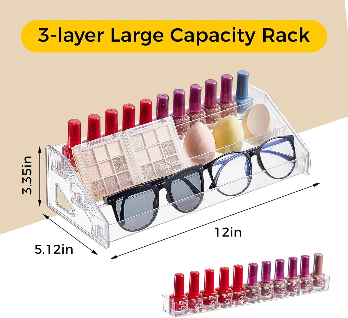 Acrylic Nail Polish Organizer - 3-Tier Clear Display Rack for Makeup, Essential Oils & Sunglasses | Holds 36 Bottles