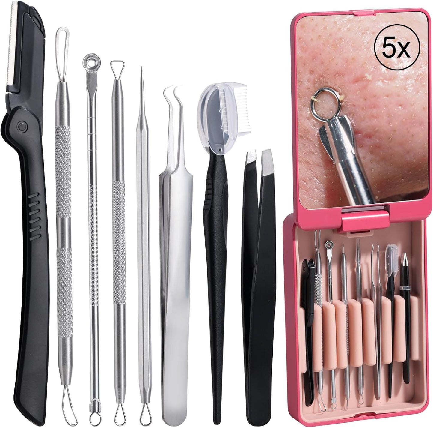 Blackhead Remover Tool Kit - 8-Piece Comedones Extractor & Eyebrow Trimmer with 5X Magnifying Mirror | Silver