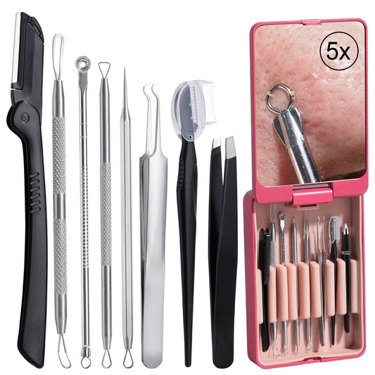 JPNK Blackhead Remover Tool Comedones Extractor Acne Removal kit & Eyebrow Trimmer Kit, 8PCS in One with 5X Magnifying Mirror (Silver)