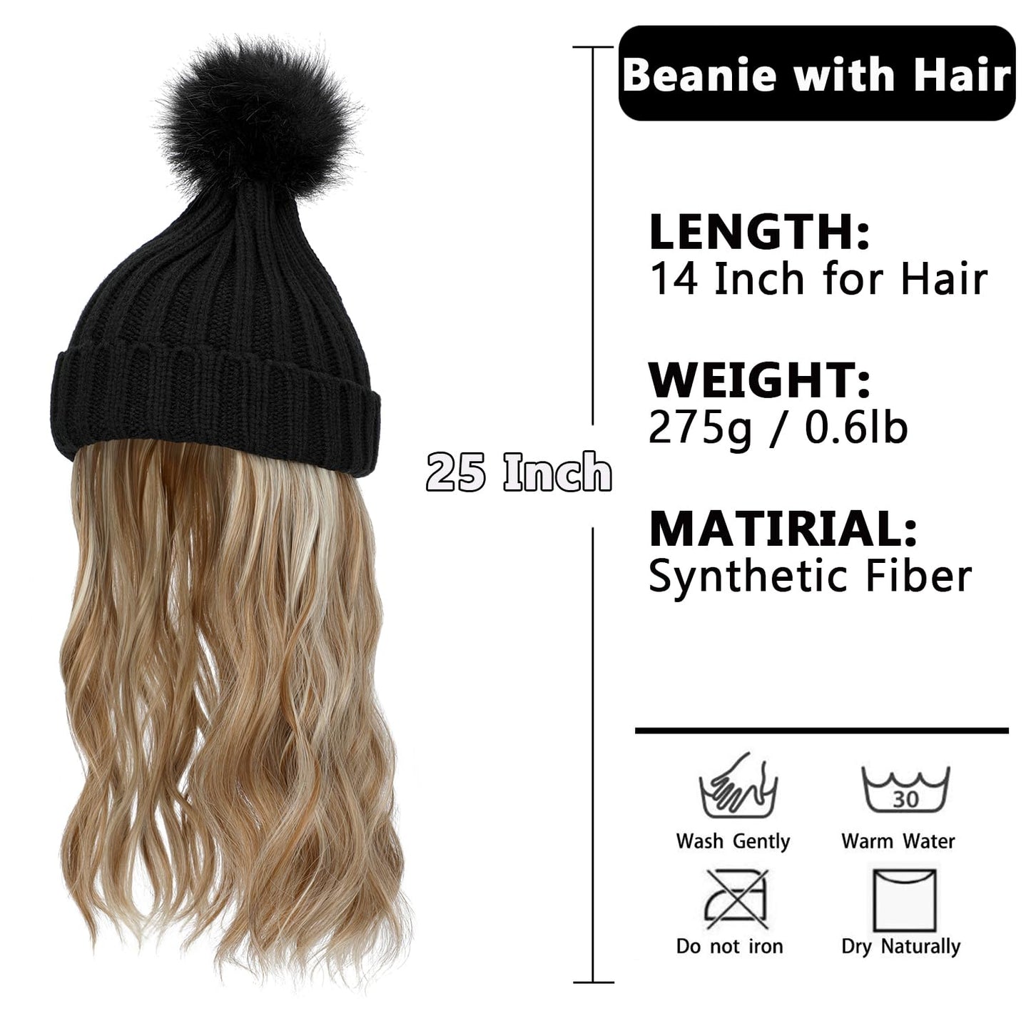 Cephermer Women Beanie Hat with Hair Attached Warm Knitted Pom Cap Attached 14inch Long Wavy Curly Hair Extensions Synthetic Hairpiece