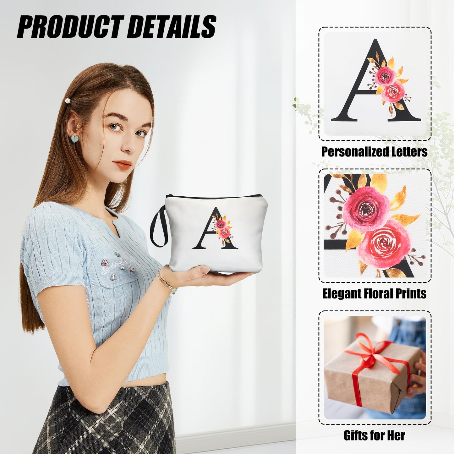 A-Z BAG Personalized Makeup Bag, Birthday Gifts for Women Mom, Gifts for Best Friend, Bride Bridesmaid Cosmetic bag (S, White)