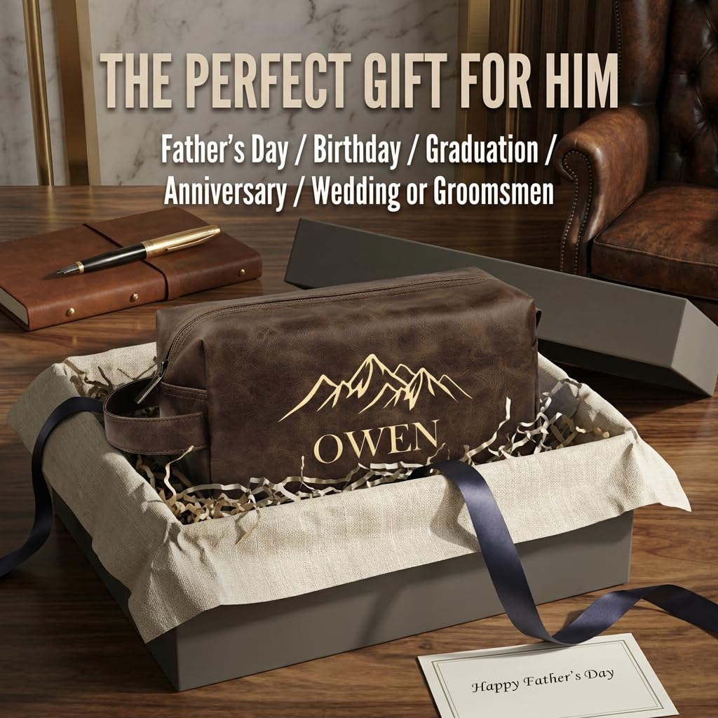 Motifool Personalized Toiletry Bag for Men, Father Day Gifts, Leather Custom Travel Shaving Bag with Name Initial, Travel Toiletry Kit, Grandpa, Dad, Husband, Father, Him, Boyfriend (Tea Brown)