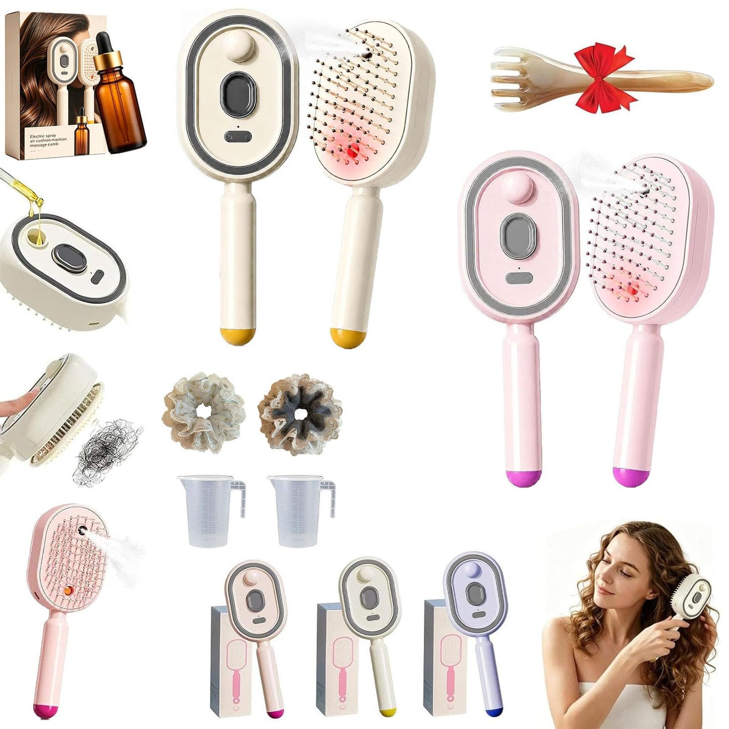 5 in 1 Air Cushion Hair Brush, Electric Spray Massage Comb, Preventing Drying and Tangling, Anti-Static Detangling Steaming Brush, for Curly, Straight, Thick, Thin, Long or Short Hair (Pink+Beige)