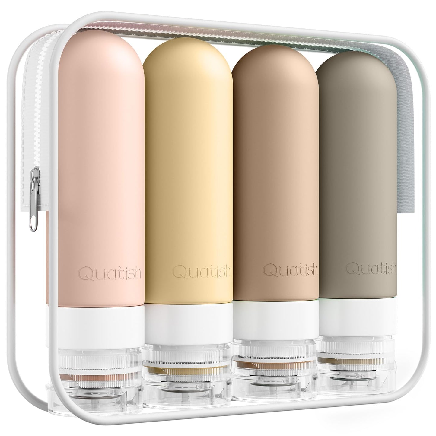 Quatish Travel Bottles for Toiletries, Original Patented Leak Proof Travel Size Containers, 3 oz Tsa Approved Silicone Shampoo and Conditioner Bottles, 4 Pack, Brown