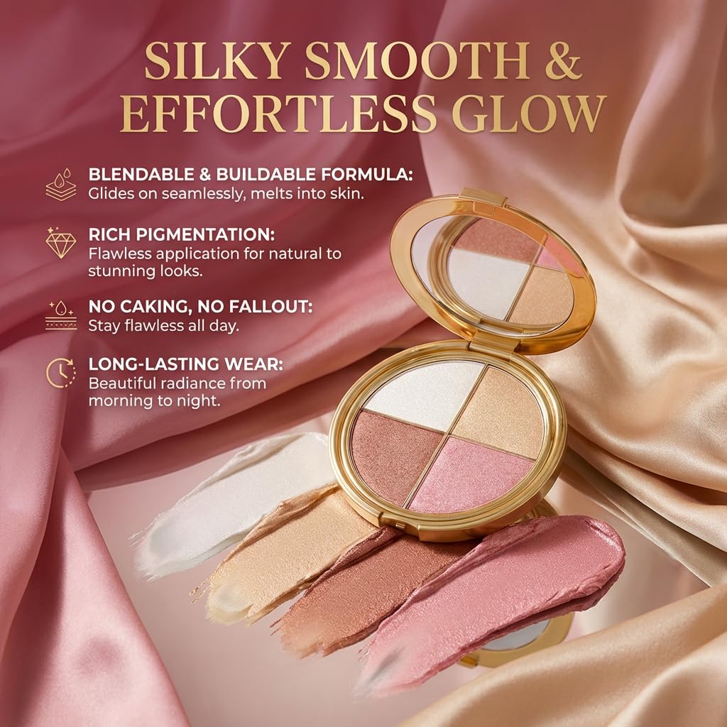 Eye & Cheek Palette - 4-in-1 Eyeshadow & Highlighter Kit | Blendable, Long-Lasting Glow Powder