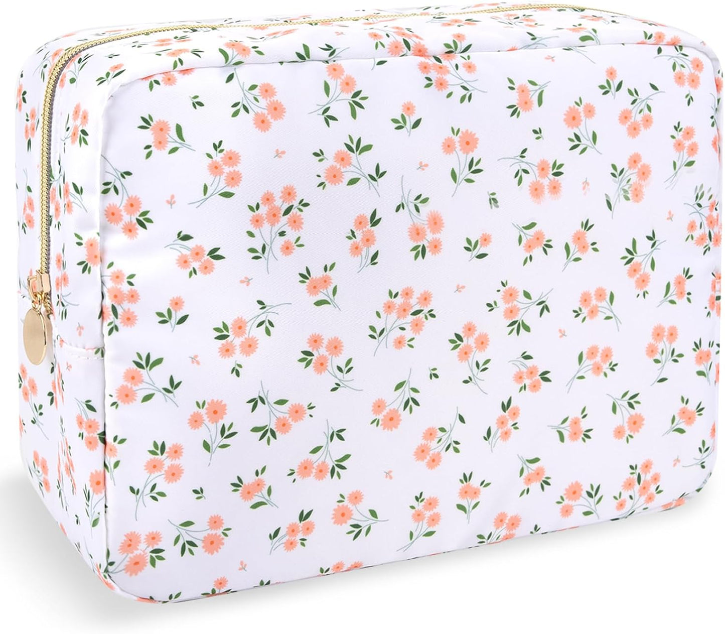 Floral Makeup Bag - Cute Pink Nylon Zipper Pouch for Travel | Waterproof Cosmetic Organizer for Women