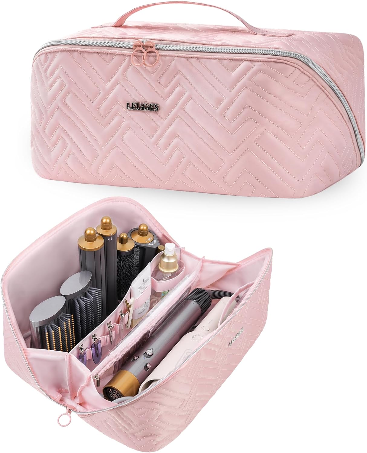 Travel Makeup Bag for Dyson Airwrap & Shark Flex Style - Portable Organizer with Divider & Handle | Pink