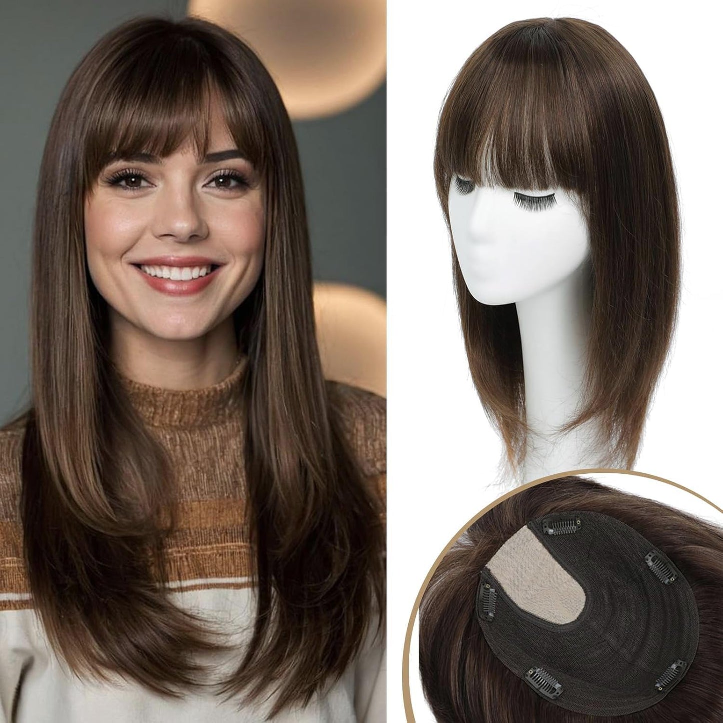 YAMI Hair Toppers for Women - Real Human Hair Topper with Bangs | Medium Brown, 15 Inch Hairpiece for Thinning Hair