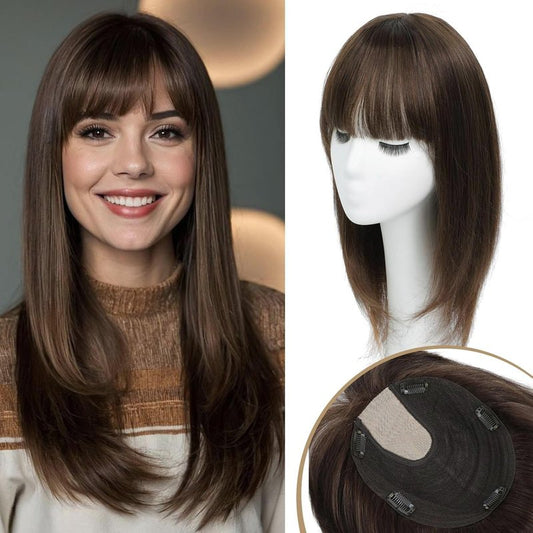 YAMI Hair Toppers for Women - Real Human Hair Topper with Bangs | Medium Brown, 15 Inch Hairpiece for Thinning Hair