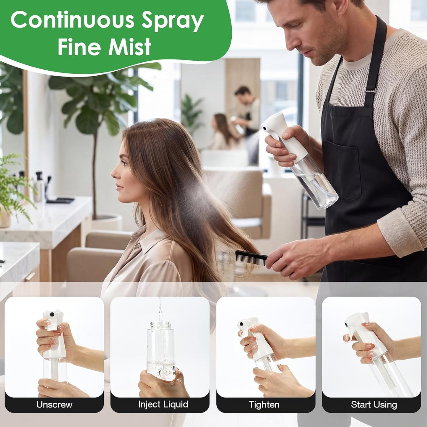 Mist Spray Bottle for Hair - 10oz Continuous Spray Bottles for Salons, Cleaning & Gardening | 2 Pcs Set