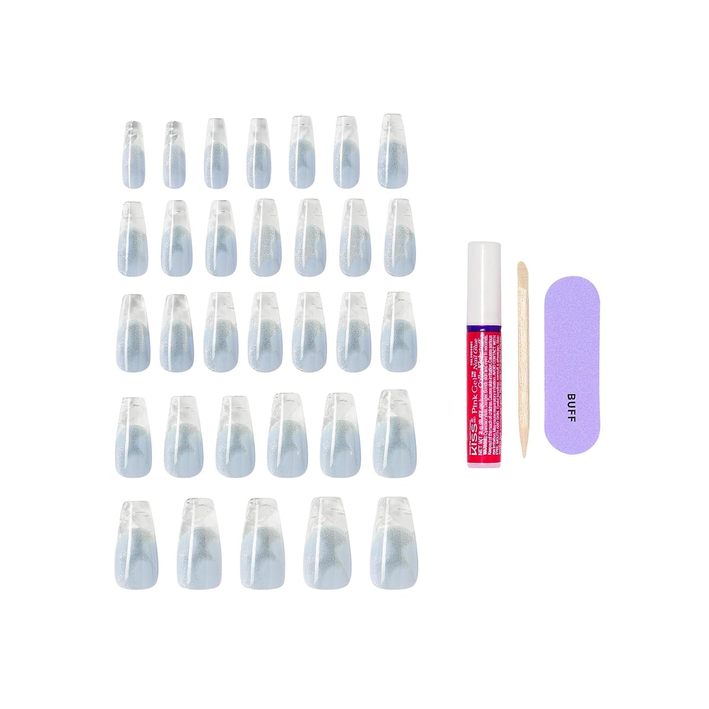 Press On Nails - Seraphic Blue Coffin Shape with Glue & Accessories | Long Size, 32 Nails Included