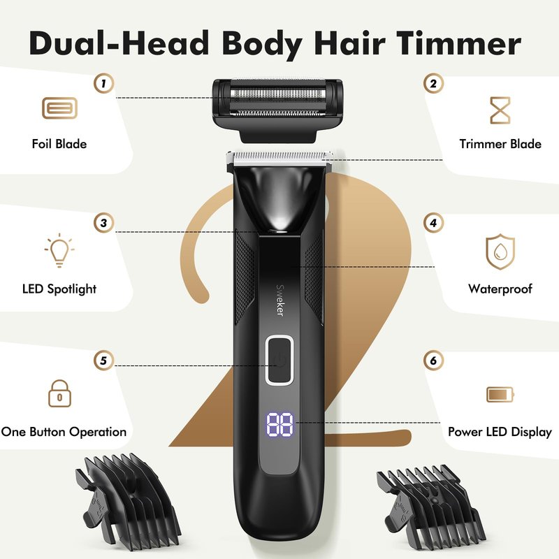 Sweker Body Hair Trimmer for Men, Manscape Ball Trimmer, 2-in-1 Body Pubic Hair Groomer and Groin Hair Shaver -Dual-Head Electric Razor for Men