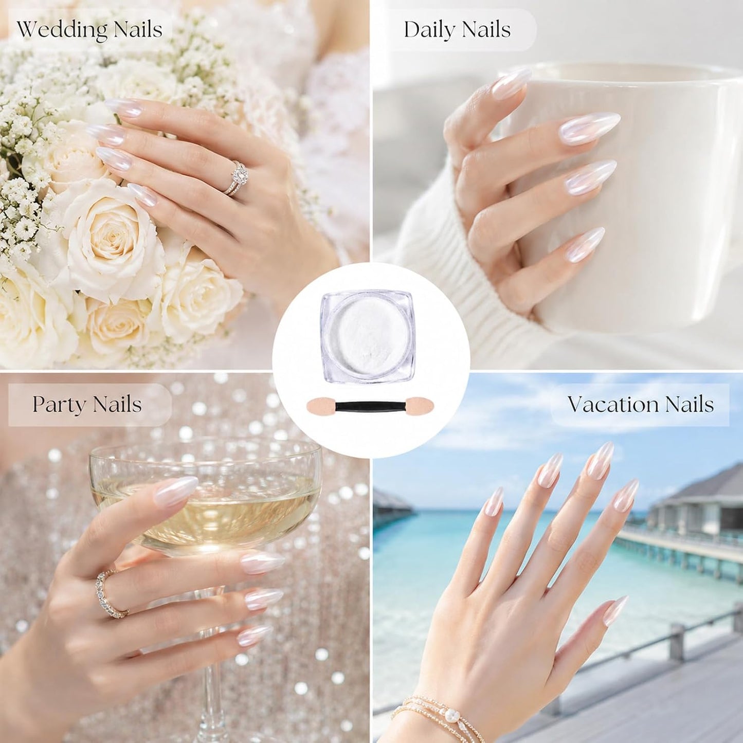 White Pearl Chrome Nail Powder - Iridescent Aurora Metallic Effect | 2 Jars, 6g for Nail Art & Crafts