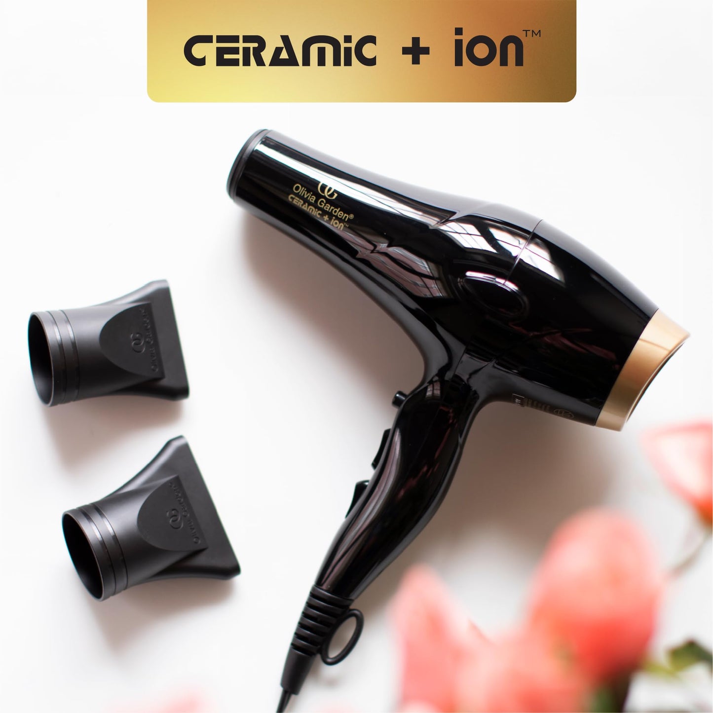 Olivia Garden 1875W Ceramic + Ion Professional Hair Dryer for Men and Women - Fast Drying Blow Dryer - Powerful Ionic Generator - 3 Heat Settings - with 2 Nozzles and Storage Bag - (Black/Gold)