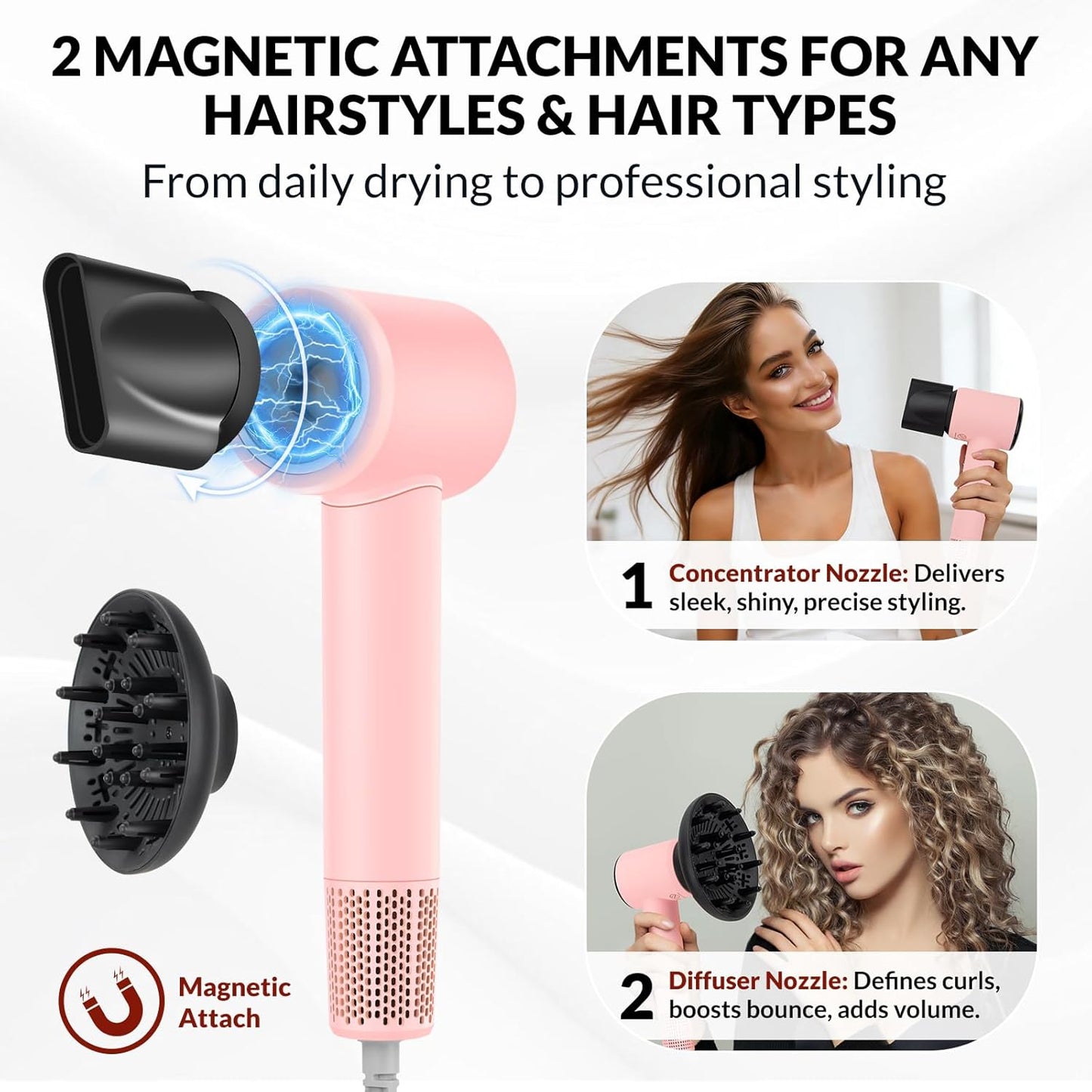 Chignon Ionic Travel Hair Dryer - 1600W Fast Drying Blow Dryer with Diffuser | Lightweight Pink Design